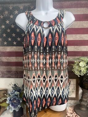 AB Studio Multicolor Ikat Print Sleeveless Blouse with Ring Detail